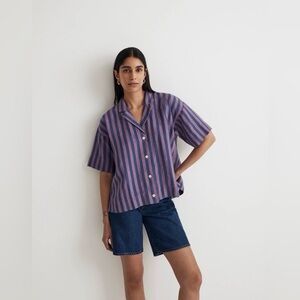NWOT Madewell 100% Linen Button-Up Camp Shirt in Purple Stripe - XS
